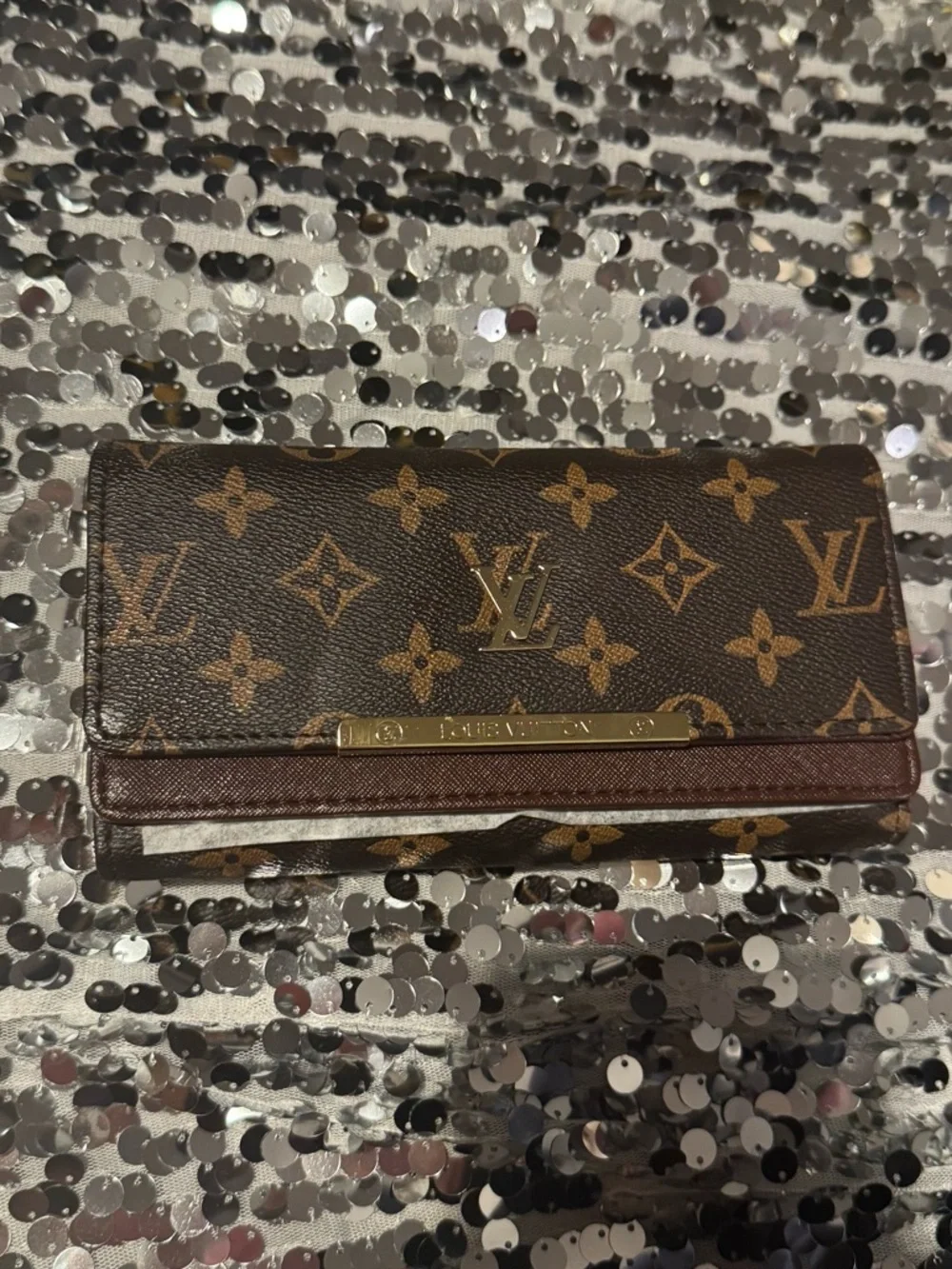 LV Style Monogram Wallet Brown Gold Hardware Envelope Slim Chic
